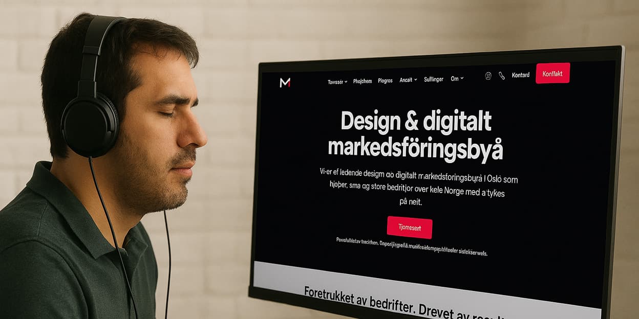 Person med synshemming bruker skjermleser og hodetelefoner for å navigere på nettside